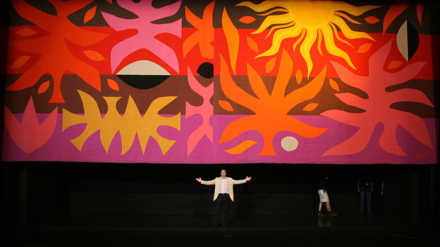 Artist John Coburn's Curtain of the Sun in the Opera Theatre at the Sydney Opera House.