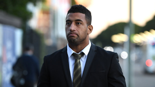 Penrith player Viliame Kikau arrives to face the judiciary on Tuesday night.