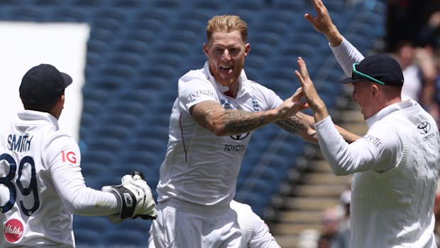 Ben Stokes celebrates the wicket of Alex Carey.
