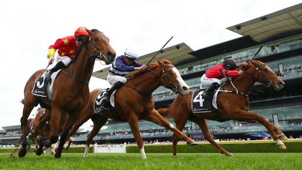 North England (left) gets run down in the shadows of the post in the Breeders Plate.