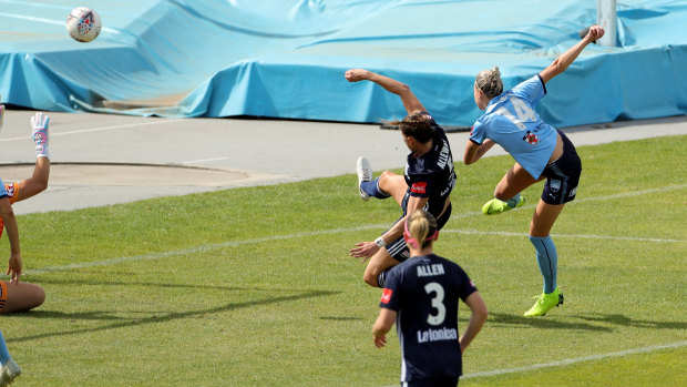 Hot shot: Alanna Kennedy puts Sydney 1-0 up over Melbourne Victory at Lakeside Stadium.