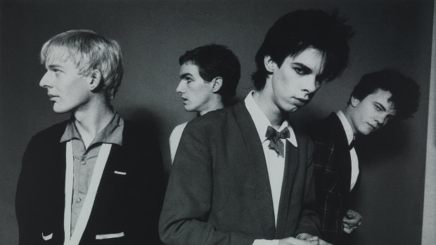 A photoshoot for the cover of Brave Exhibitions in June, 1978. From left: Phill Calvert, Mick Harvey, Nick Cave, Tracy Pew.