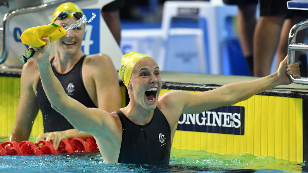 Golden moment: Bronte Campbell celebrates winning the 100m freestyle at the Commonwealth Games.