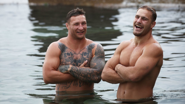 Tariq Sims (left), not Jack de Belin (right), will captain the Dragons this weekend. The pair were part of the NSW Blues set up in 2018.