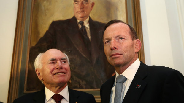 Former prime ministers John Howard and Tony Abbott. 
