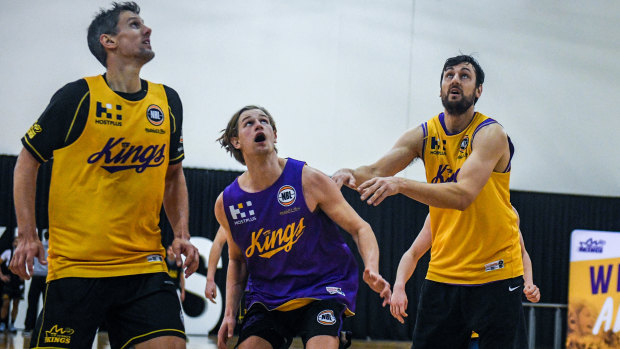 Push and shove: Andrew Bogut, right, gets physical during training.