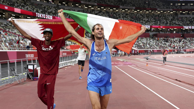 Mutaz Essa Barshim and Gianmarco Tamberi tied for gold in the high jump.