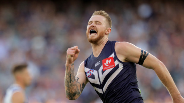 Fremantle's Cam McCarthy celebrates after kicking one of his bag of five goals against North Melbourne.