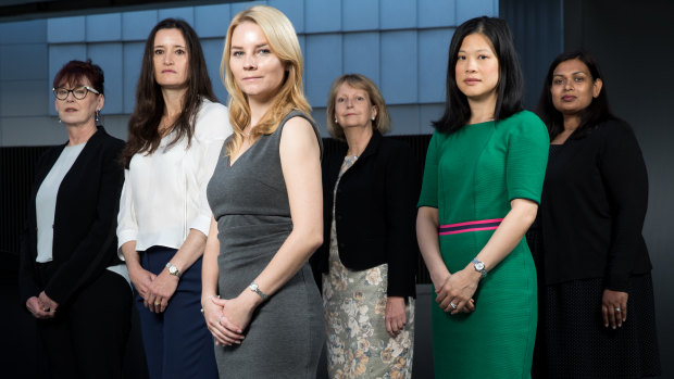 Medical student Sarah McLain, front, with surgeons and fellows of the Royal Australasian College of Surgeons, Dr Kerin Fielding,  Dr Michelle Locke, Dr Marianne Vonau, Dr Christine Lai, and Dr Pecky De Silva.