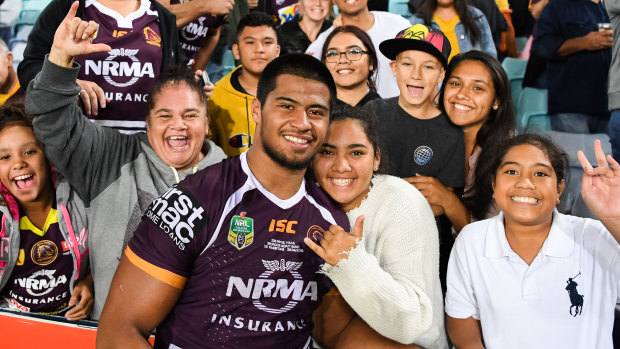 A star is born: Boom Broncos teenager Payne Haas celebrates the win with fans.