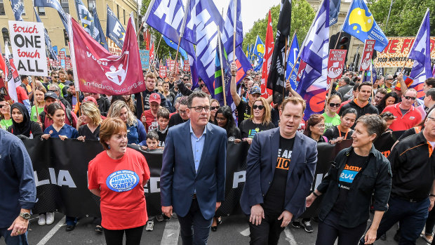 Premier Daniel Andrews leads the Melbourne rally with nurses' union leader Lisa Fitzpatrick, Luke Hilakari from Trades Hall and ACTU secretary Sally McManus. There is a better way.