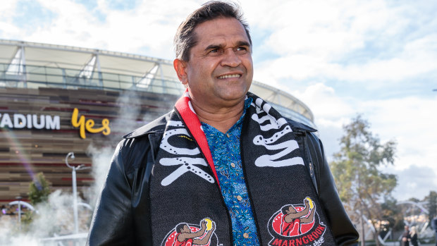 Nicky Winmar is pictured at the unveiling of his statue at Optus Stadium in Perth on July 6.