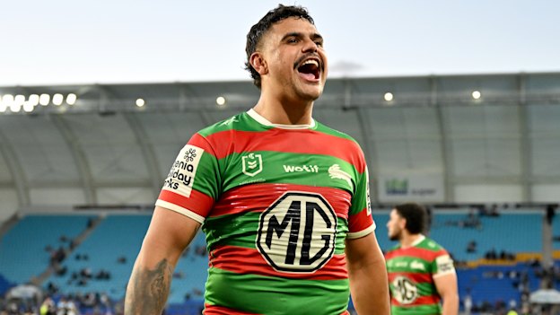 Latrell Mitchell celebrates a South Sydney try.
