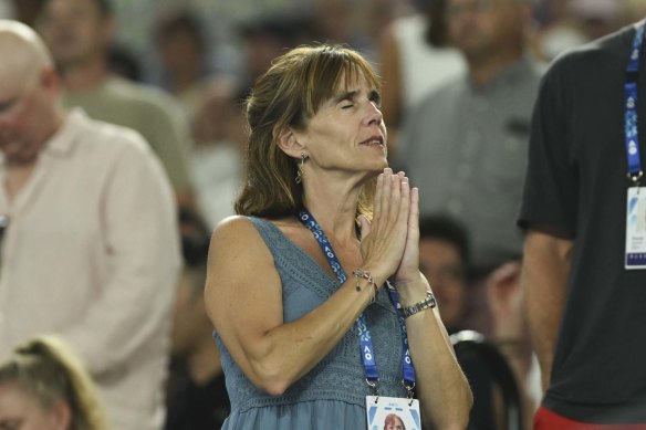 Alex de Minaur’s mother, Esther, rides the emotions on Monday night.