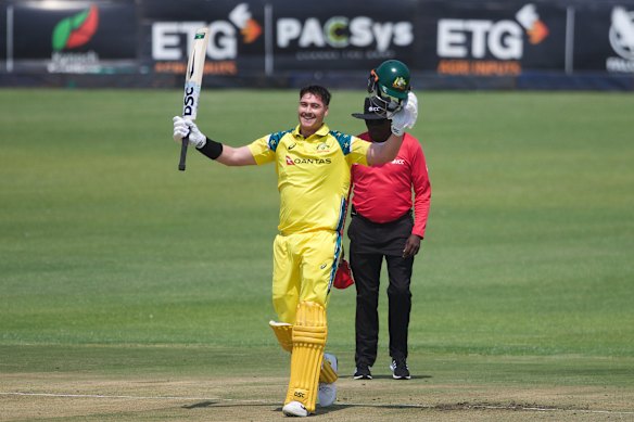 Australia’s batsman Matt Renshaw celebrates his century during the first ODI against Zimbabwe.