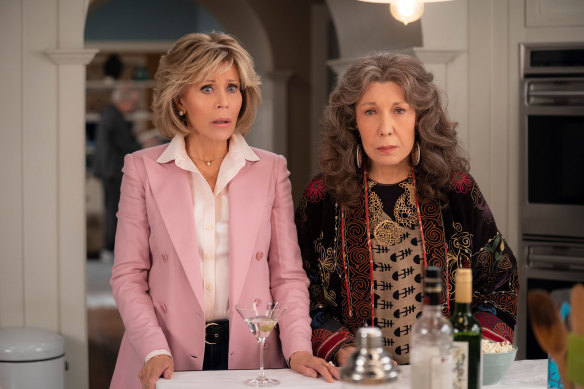 With Lily Tomlin in her current TV series, Grace and Frankie.