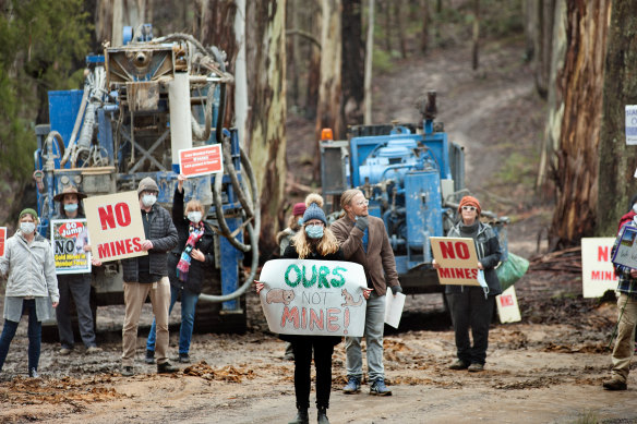 Protesters have taken to the Wombat State Forest calling for a halt to gold mine exploration.