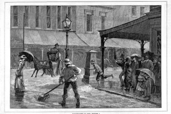 A wood engraving showing flooded Elizabeth Street in  December 1882. Flooding was common in the preceding decades until drains were constructed in 1884.