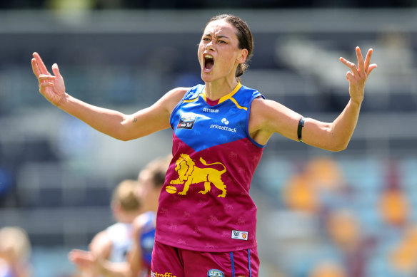 Jesse Wardlaw celebrates a Lions goal.