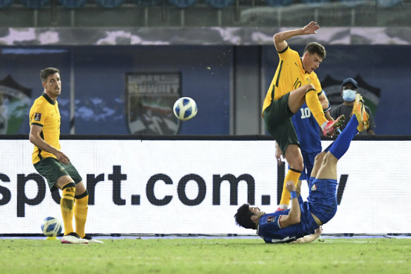 Midfielder Ajdin Hrustic, right, may be a star of the future for the Socceroos.