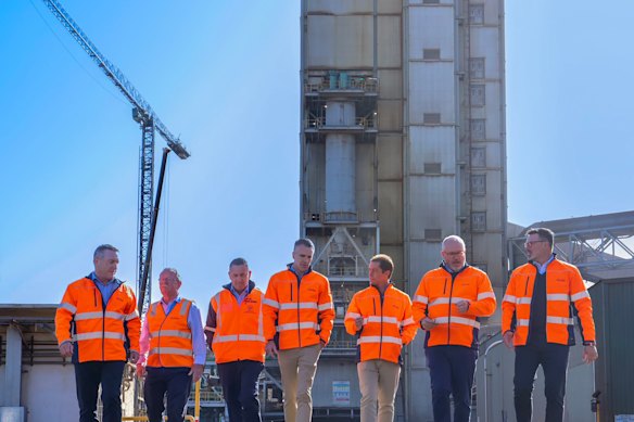 SA Premier Peter Malinauskas (fourth from left) and Federal Industry Minister Tim Ayres (second from right) at the Port Pirie smelter on Tuesday.