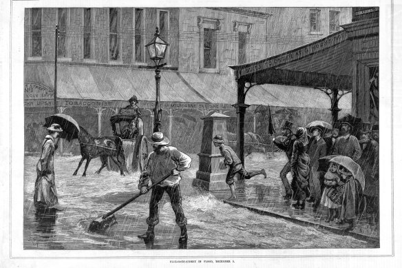 A wood engraving showing flooded Elizabeth Street in  December 1882.