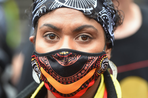 Kanisha Bamblett, 20, at the Invasion Day march in Melbourne on Tuesday.