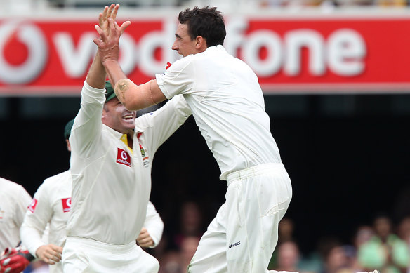 Mitchell Starc celebrates his first Test wicket - New Zealand’s Brendon McCullum - in 2011.