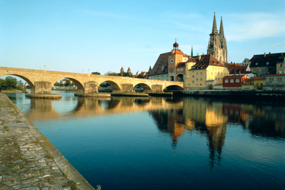 Cathedral and stone bridge, Regensburg, Germany.
