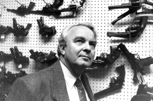 John Tingle at a gun shop in Sydney in 1992.