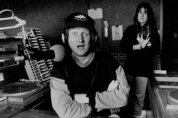 Doug Mulray in action for Triple M in 1989 with his wife, Liz Muir aka Miss Lizzie.