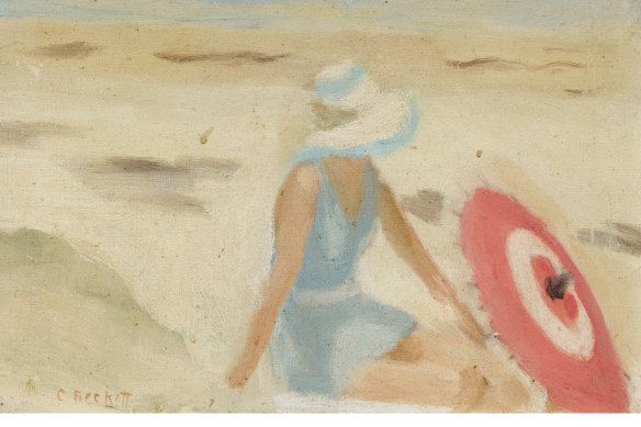 Clarice Beckett, Australia, 1887 - 1935, The red sunshade, 1932, Melbourne, oil on board; Gift of Alastair Hunter OAM and the late Tom Hunter in memory of Elizabeth through the Art Gallery of South Australia Foundation 2019, Art Gallery of South Australia, Adelaide.

