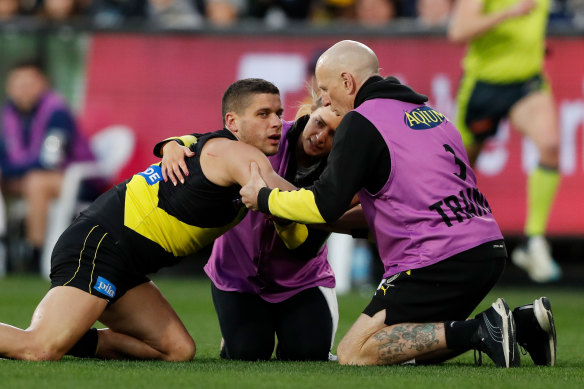 Head trauma: Dion Prestia is in concussion protocols after he was involved in an off-the-ball incident with Tom Stewart on Saturday.