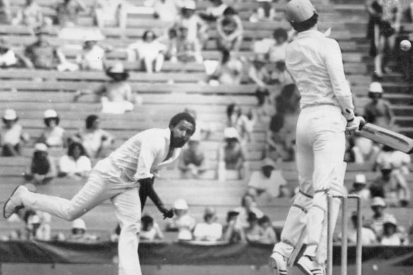 Greg Chappell sways clear of an Andy Roberts bouncer during a World Series Cricket match in 1979.