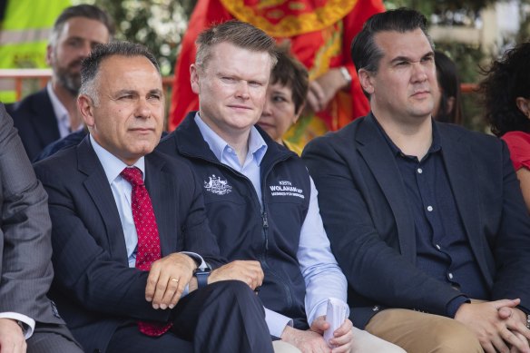 From left: Victorian Opposition Leader John Pesutto with federal MPs Keith Wolahan and Michael Sukkar at a Chinese new year event.