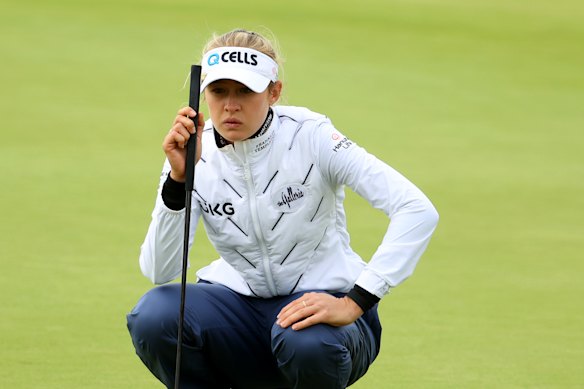 Nelly Korda lines up a putt in the first round of the Women’s British Open.