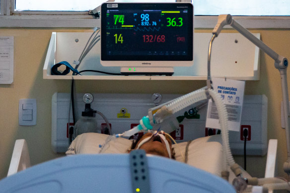 A patient infected with COVID-19 at the Ronaldo Gazolla hospital in Rio de Janeiro, Brazil. Hospitals are running out of the sedatives needed to facilitate intubation.