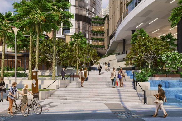 The ‘Brisbane Stairs’ under construction as part of Queen’s Wharf Brisbane. They lead from the main retail centre of the resort and casino down to the Brisbane River.