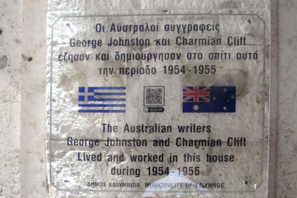 The plaque outside Clift and Johnston’s Kalymnos home.