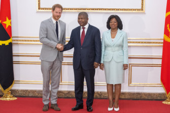 Prince Harry meets Angolan President Angola Joao Lourenco and first lady Ana Dias Lourenco at the presidential palace in Luanda.