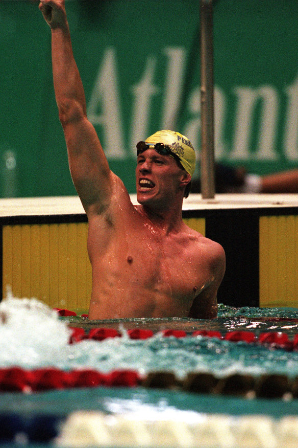 Kieren Perkins in his heyday, winning the 1500-metre freestyle gold at the Atlanta Olympics in 1996.