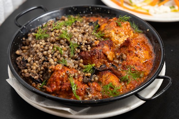 Chicken meatballs are served with kasha (buckwheat).
