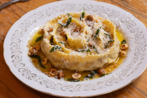 Smoked butternut pumpkin-filled pappardelle with hazelnuts, lemon and sage.