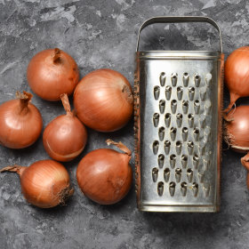 Grating the vegetables on a box grater results in small, uneven pieces that disappear into the rissoles.