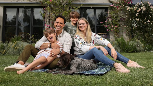 Massimo and Millie Di Maio with their children, Leo and Luca and their dog, Tilly, at their rural property in Jembaicumbene, near Braidwood.