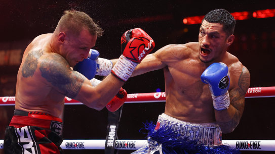 Jai Opetaia punches Mairis Briedis during the IBF World Cruiserweight title fight.