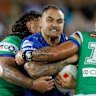 Dylan Walker of the Eels is tackled.
