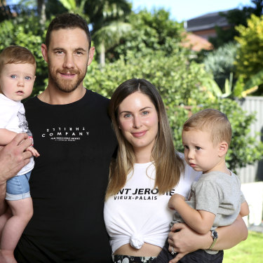King of the kids: Shane Mumford with partner Eva and children Theo and Ollie in 2019. 