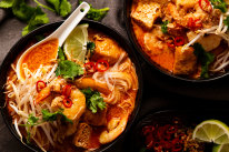 Speedy prawn and noodle laksa with tofu puffs.