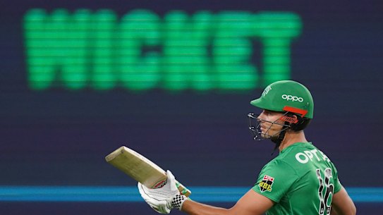 Stars opener Marcus Stoinis reacts after being dismissed at the MCG on Friday night.